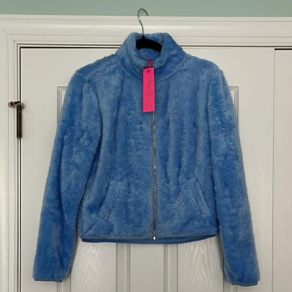 LILLY PULITZER Zip Up Sherpa Jacket ANSEL SIZE XS BLUE PERI NWT COMFY!! oversize - Picture 2 of 4